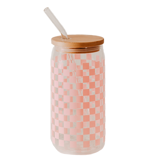 Pink Checkered 17 oz Can Glass w/ Straw and Lid