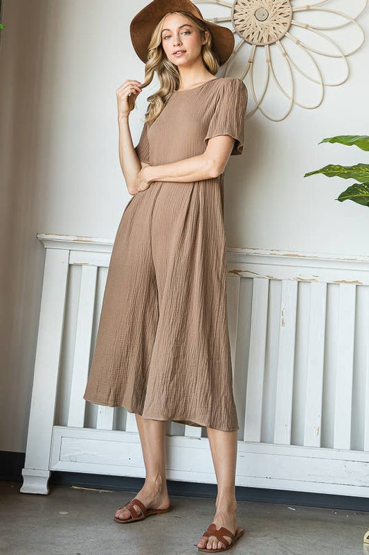 Cropped Wide Leg Pleated Solid Jumpsuit COFFEE